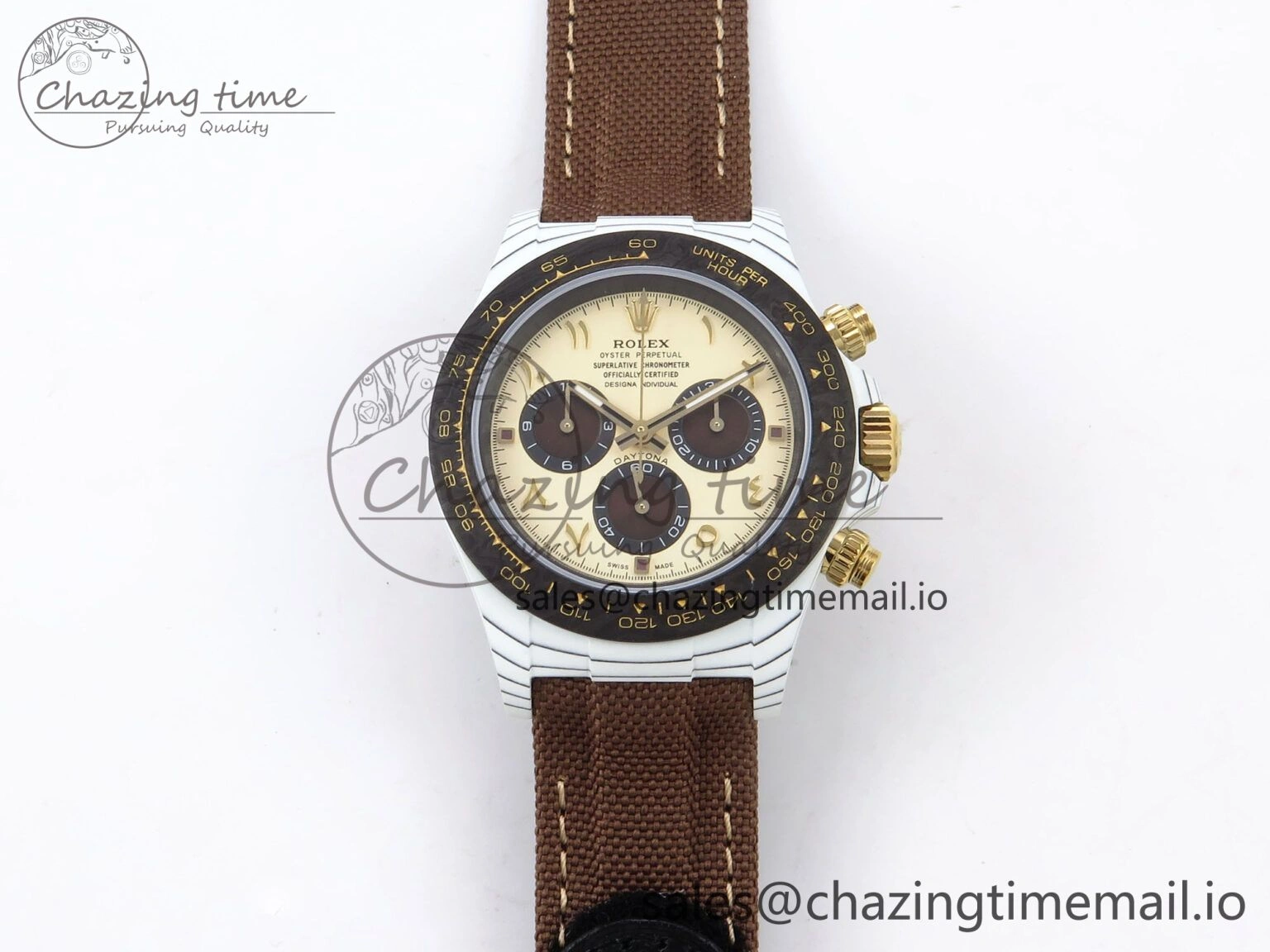 Daytona DIW “DESERT EAGLE”  White Carbon DIWF 1:1 Best Edition Cream Brown Dial on Brown Nylon Strap SH SportInspired 1074
