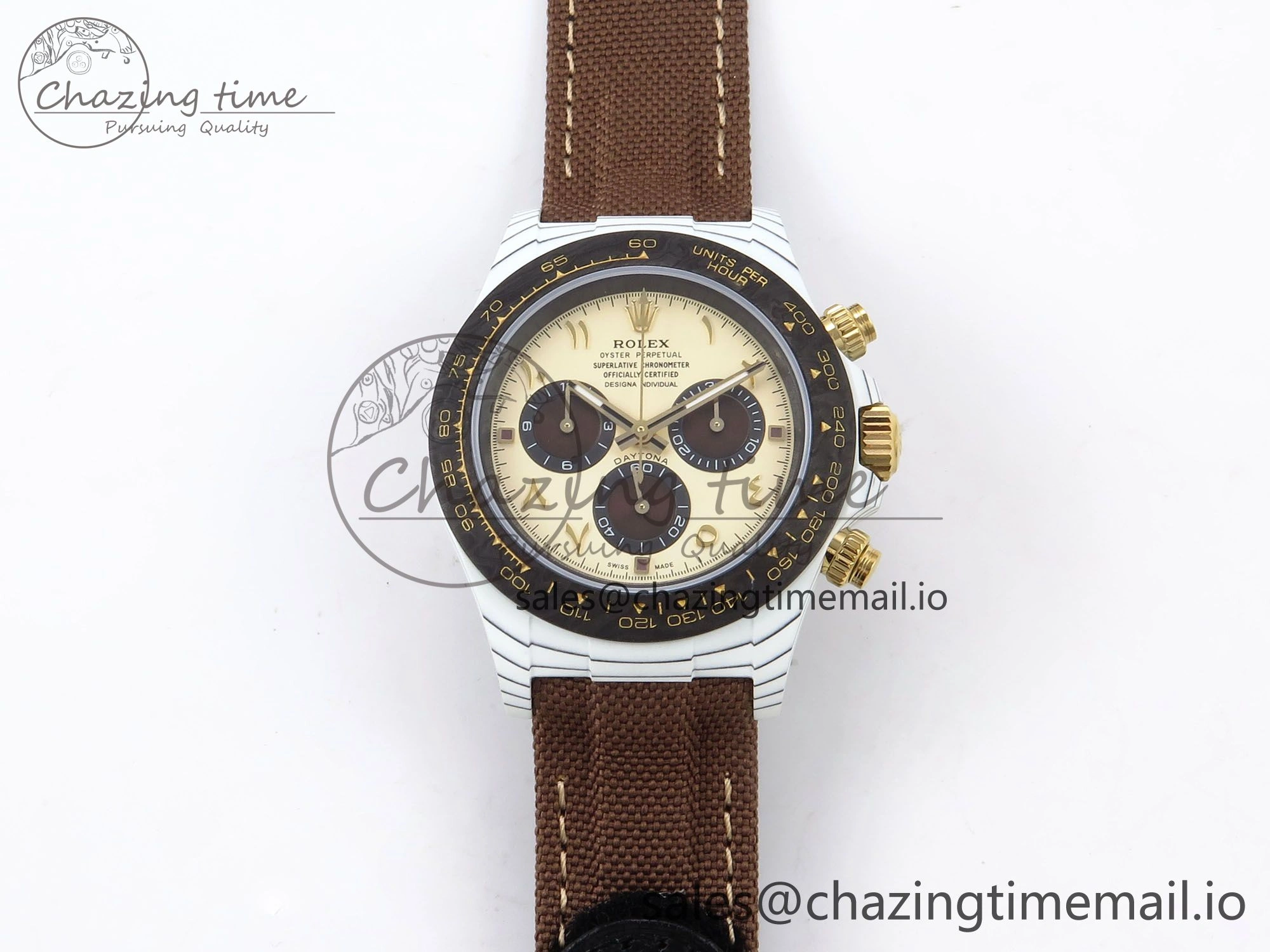 Daytona DIW “DESERT EAGLE”  White Carbon DIWF 1:1 Best Edition Cream Brown Dial on Brown Nylon Strap SH SportInspired 1074
