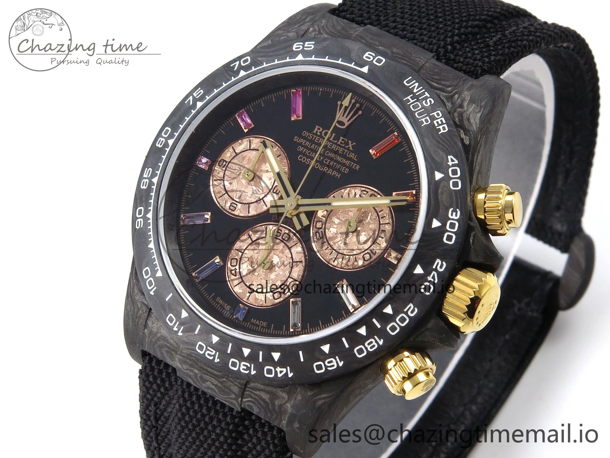 Daytona DIW Gray Carbon N6F Best Edition Black RG Rainbow Dial on Black Nylon Strap SA Sleek 1187