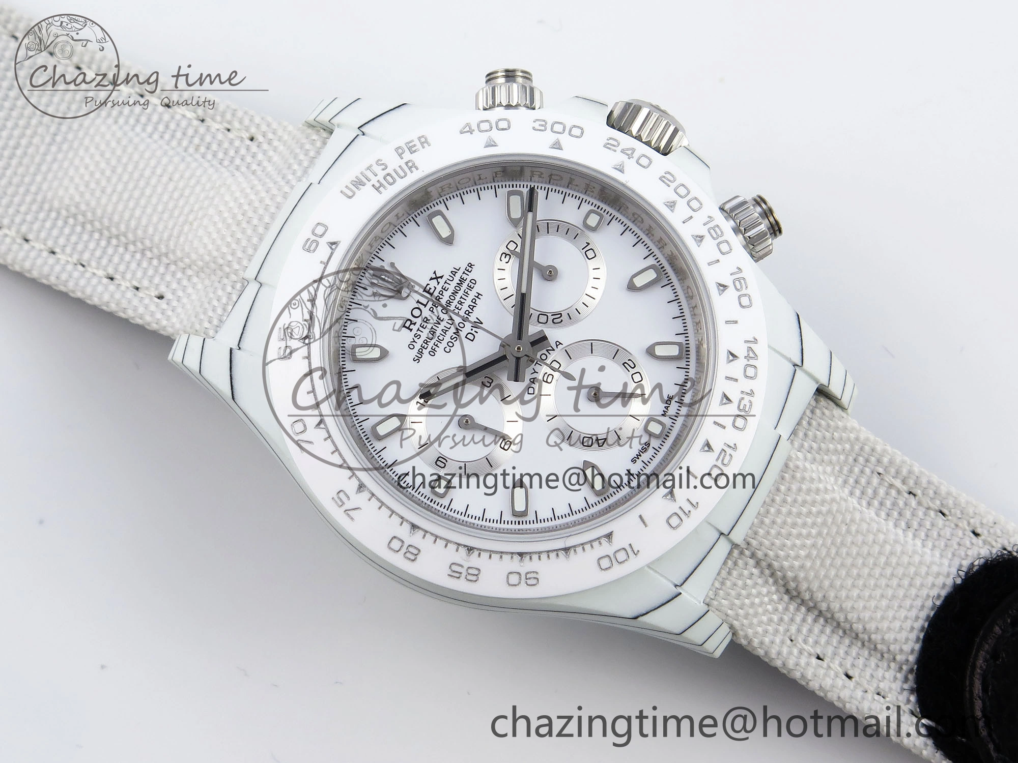 Daytona DIW White Carbon Case DIWF Edition White Dial Ceramic Bezel on White Nylon Strap A UrbanChic 1841