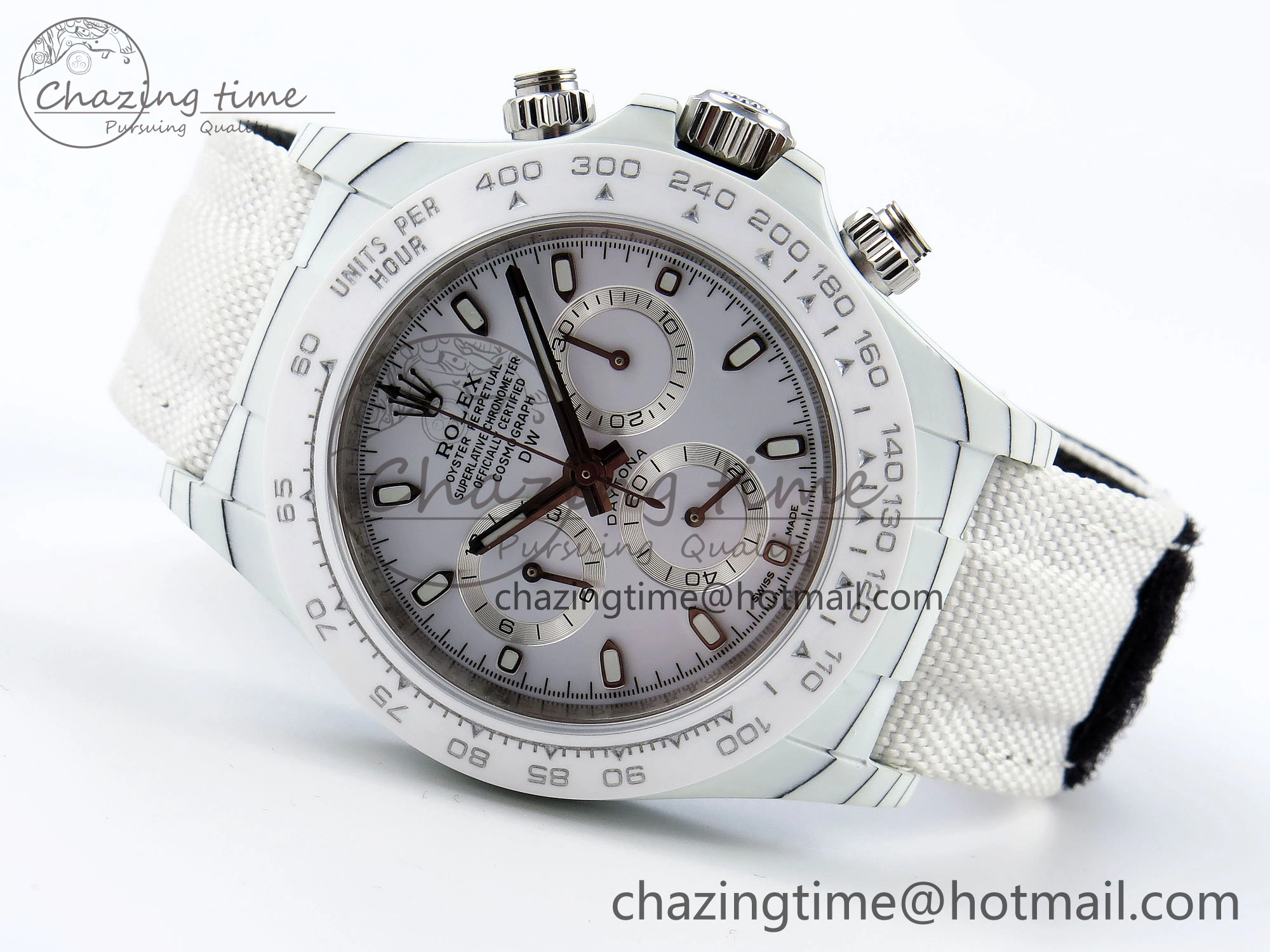 Daytona DIW White Carbon Case DIWF Edition White Dial Ceramic Bezel on White Nylon Strap A UrbanChic 1841