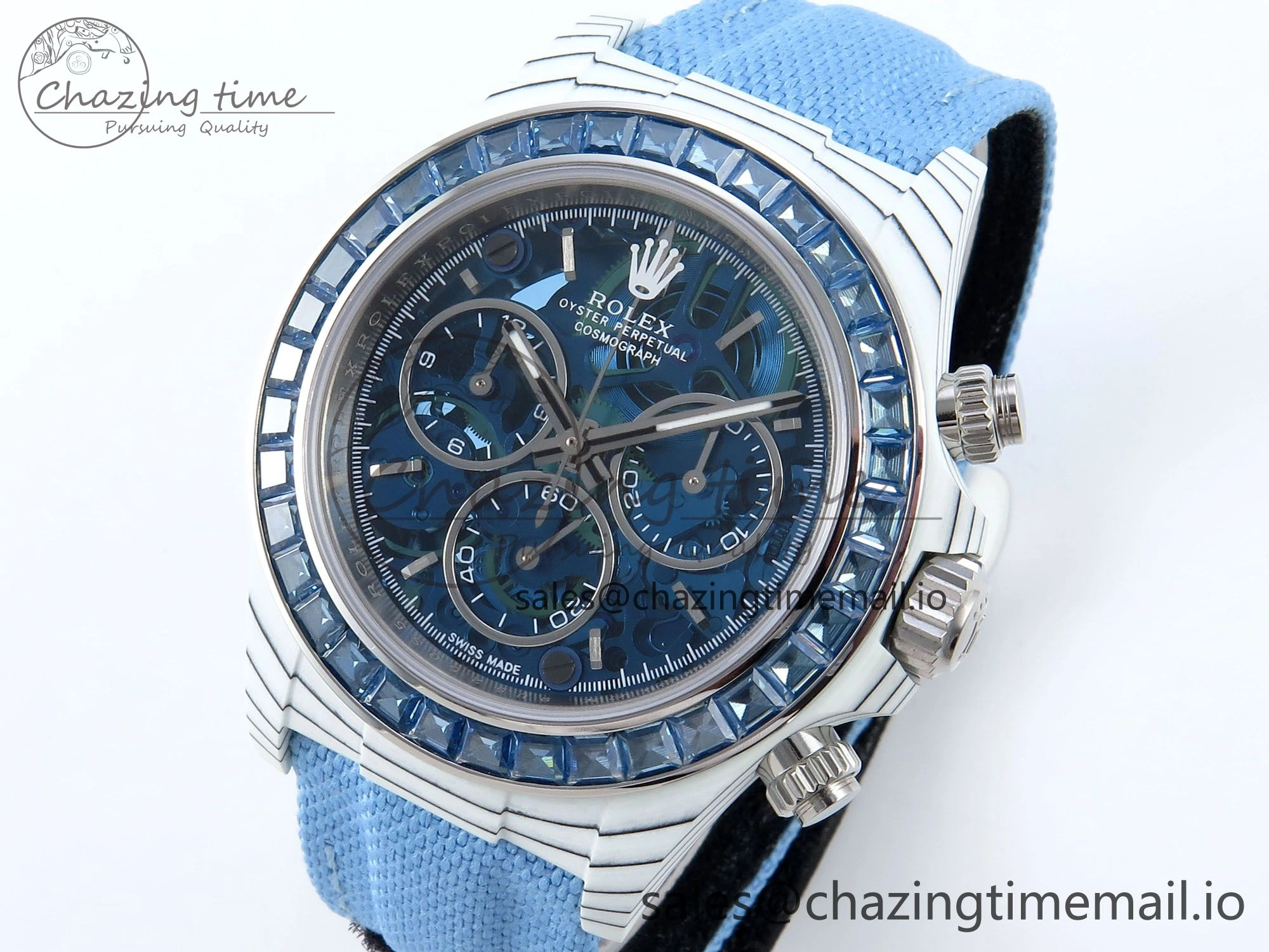 Stretchable Daytona DIW White Carbon DIWF Best Edition Skeleton Dial on Blue Nylon Strap DD 460