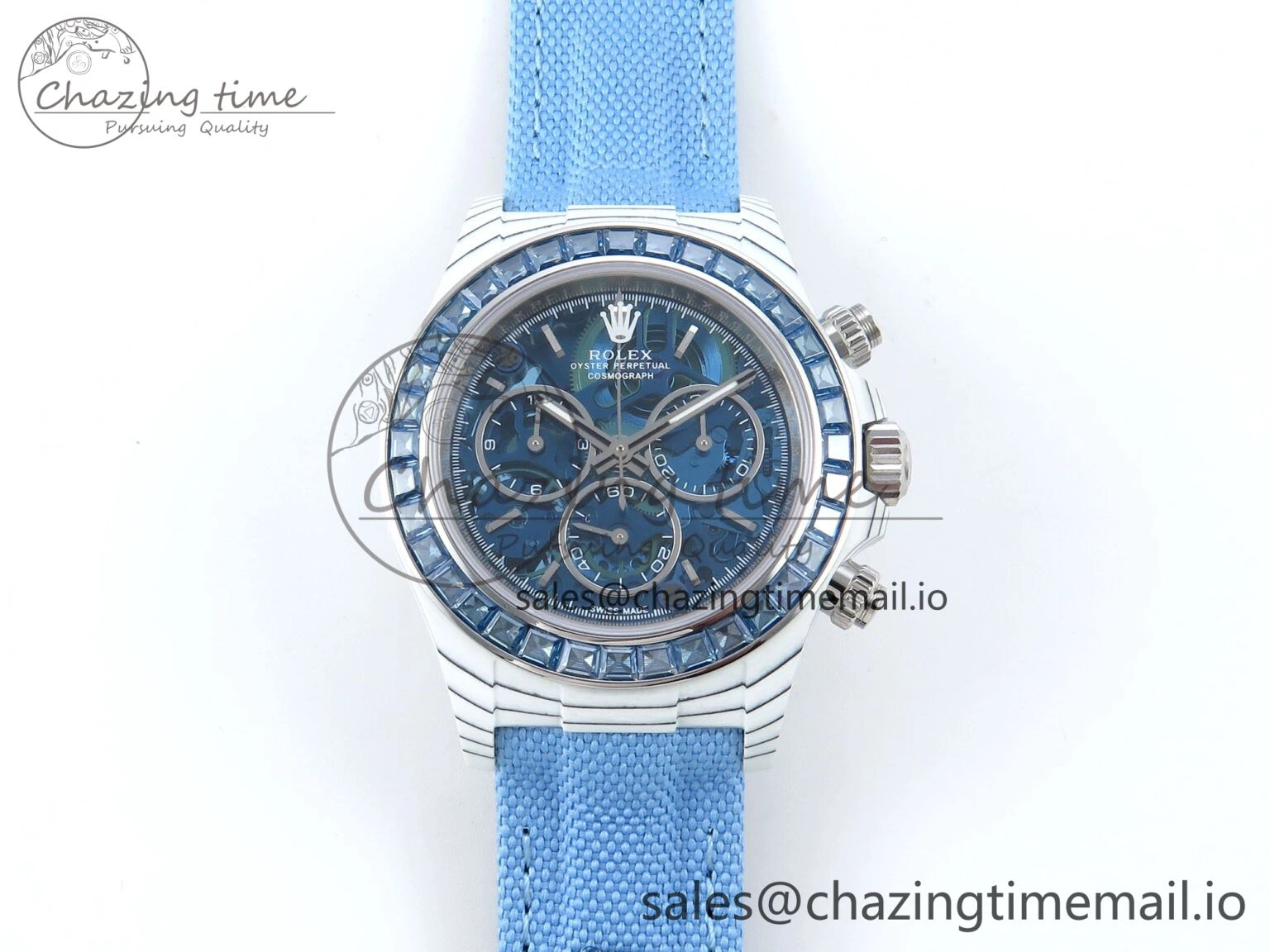 Stretchable Daytona DIW White Carbon DIWF Best Edition Skeleton Dial on Blue Nylon Strap DD 460