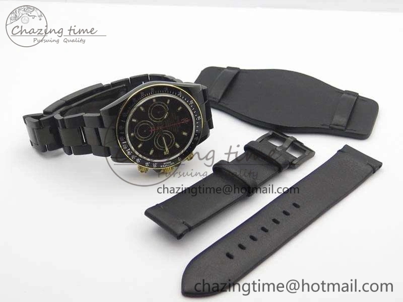 QuickDry Daytona Kravitz YG DLC BP Maker Best Edition Black Dial On DLC Bracelet A4130 (Free Leather Strap) 3572