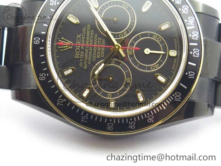 QuickDry Daytona Kravitz YG DLC BP Maker Best Edition Black Dial On DLC Bracelet A4130 (Free Leather Strap) 3572