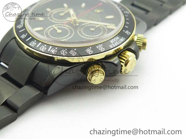 QuickDry Daytona Kravitz YG DLC BP Maker Best Edition Black Dial On DLC Bracelet A4130 (Free Leather Strap) 3572