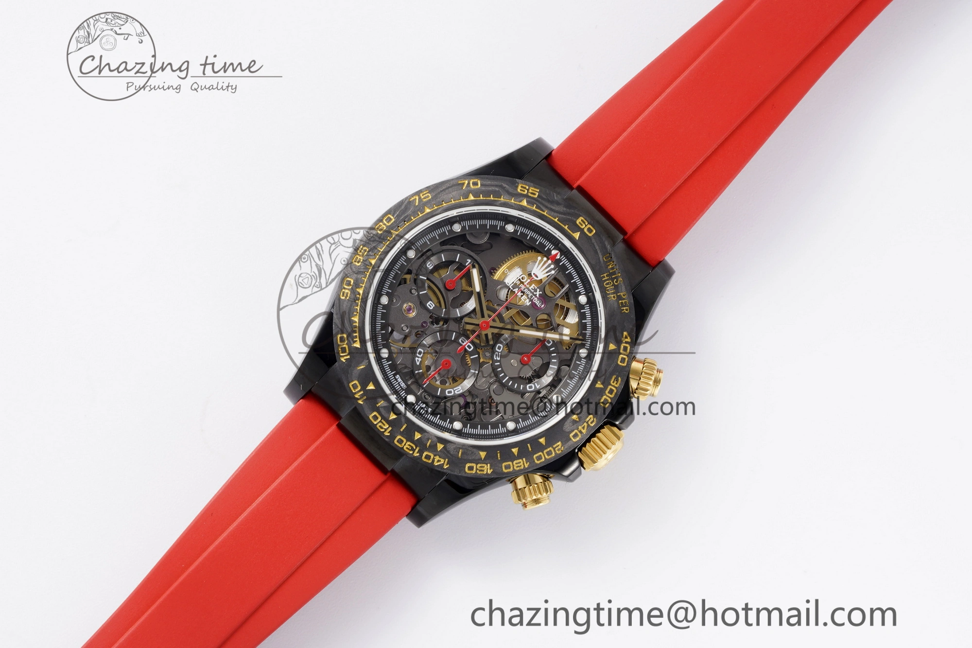 Modern Daytona PVD Carbon Bezel GETF Best Edition Skeleton Red Dial on Red Rubber Strap SA 1944