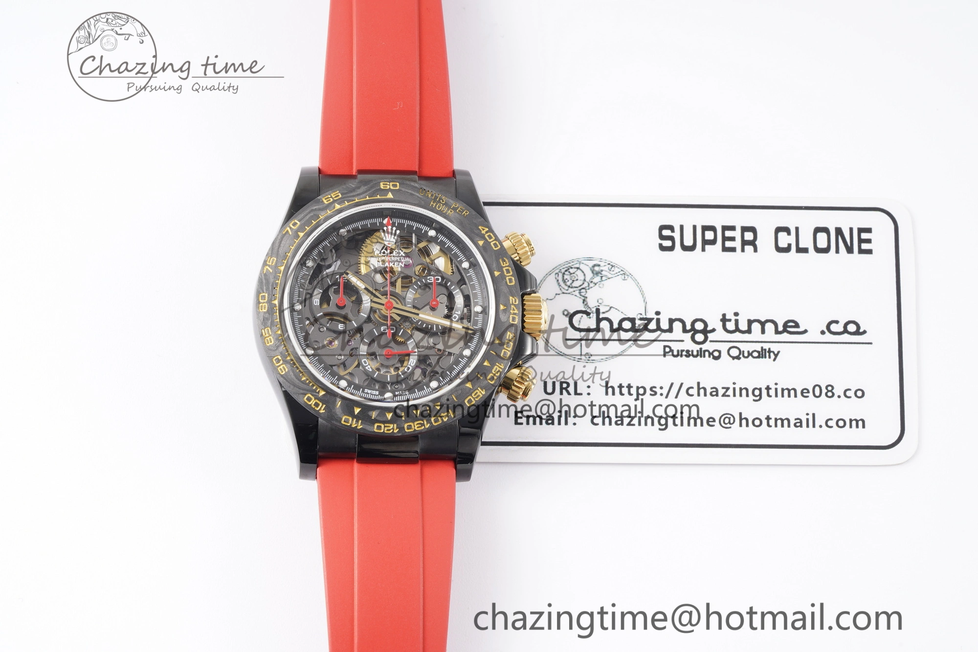 Modern Daytona PVD Carbon Bezel GETF Best Edition Skeleton Red Dial on Red Rubber Strap SA 1944
