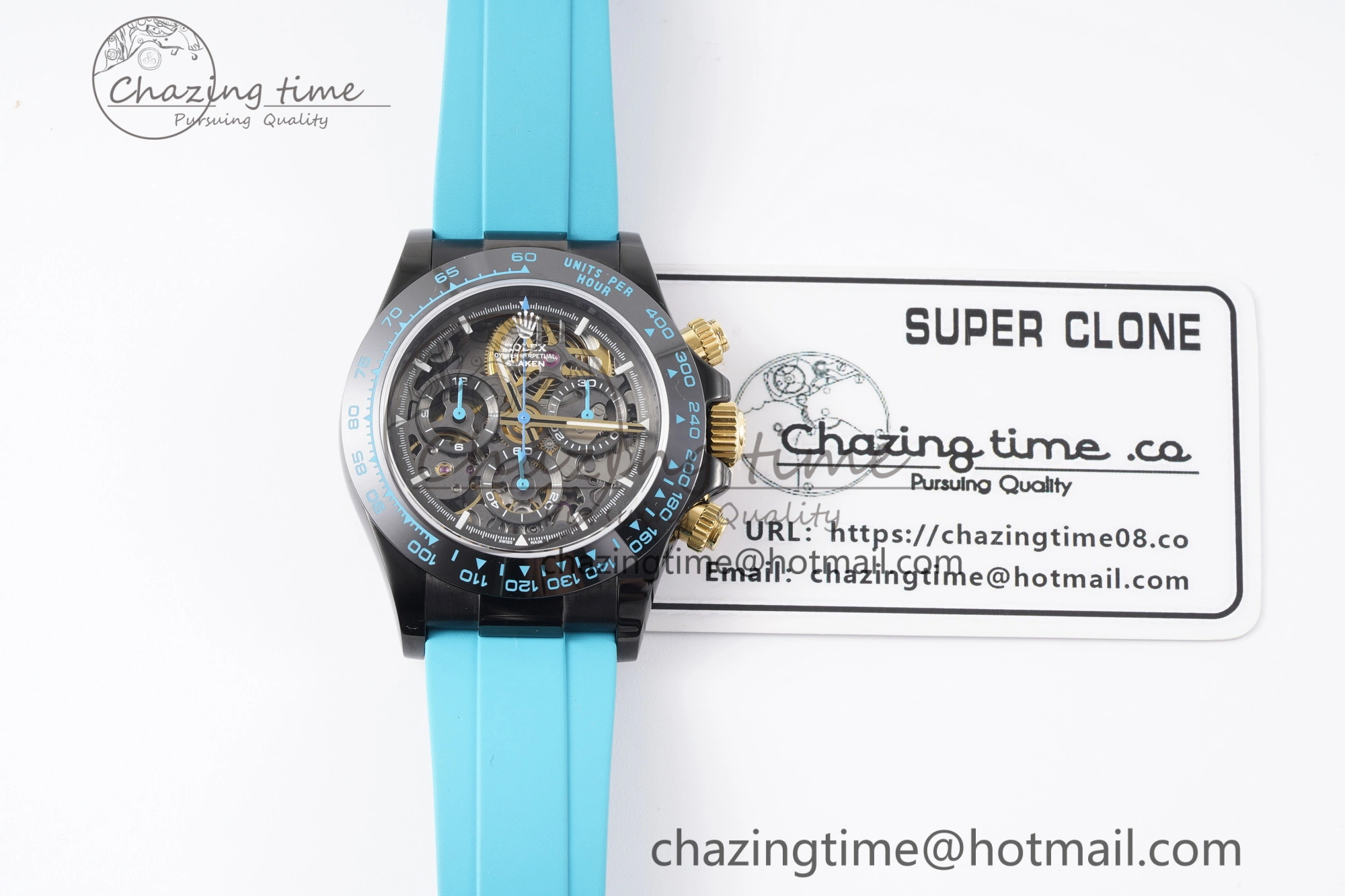Daytona PVD Ceramic Bezel GETF Best Edition Skeleton Cyan Dial on Cyan Rubber Strap SA Neat 1939