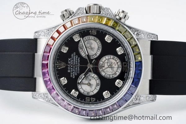 Daytona SS Rainbow Diamonds Bezel JVSF 1:1 Best Edition 904L Steel White Panda Dial on Oysterflex Strap A FlexibleFit 2247