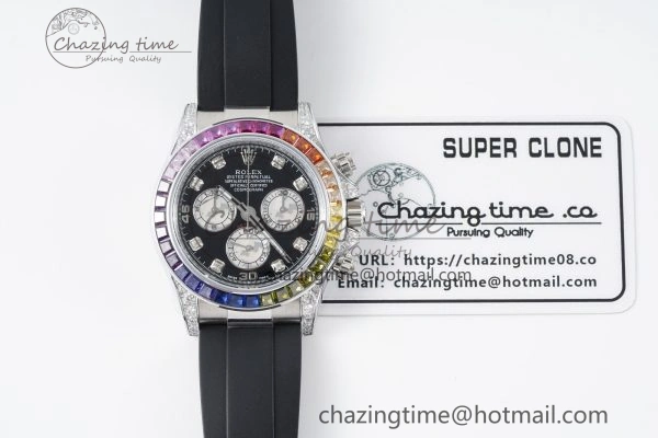 Daytona SS Rainbow Diamonds Bezel JVSF 1:1 Best Edition 904L Steel White Panda Dial on Oysterflex Strap A FlexibleFit 2247
