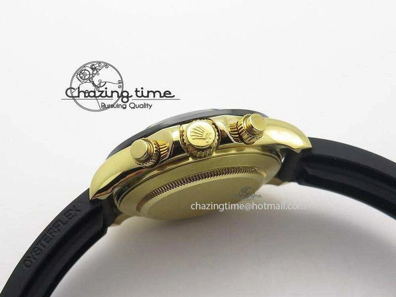 OnTrend Daytona YG BP Maker Black Dial Gold Subdial Sticks Markers On Rubber Strap A7750@ 4013