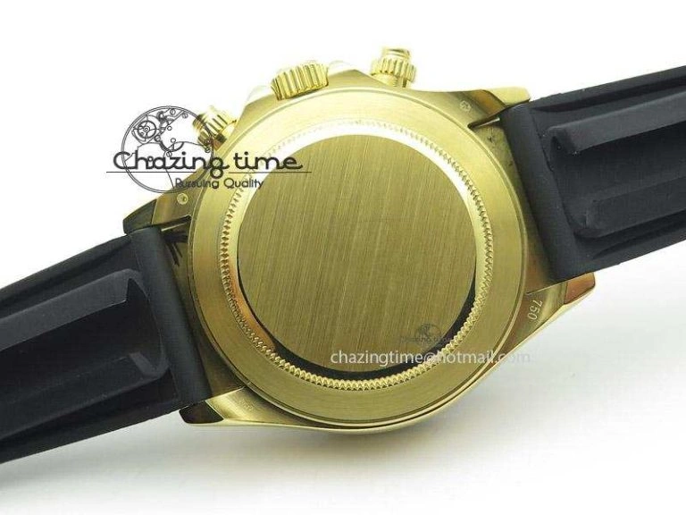 OnTrend Daytona YG BP Maker Black Dial Gold Subdial Sticks Markers On Rubber Strap A7750@ 4013