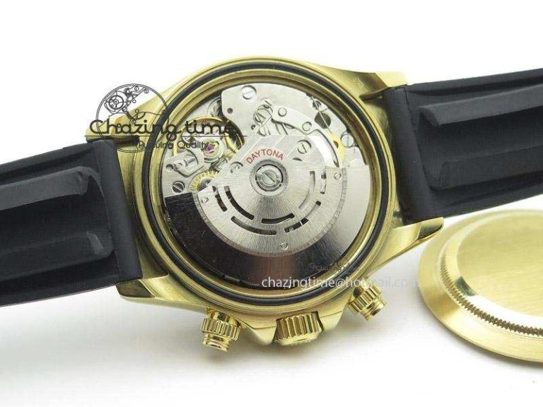 OnTrend Daytona YG BP Maker Black Dial Gold Subdial Sticks Markers On Rubber Strap A7750@ 4013