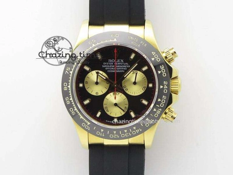 OnTrend Daytona YG BP Maker Black Dial Gold Subdial Sticks Markers On Rubber Strap A7750@ 4013