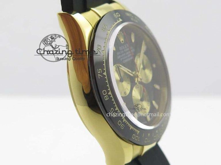 OnTrend Daytona YG BP Maker Black Dial Gold Subdial Sticks Markers On Rubber Strap A7750@ 4013