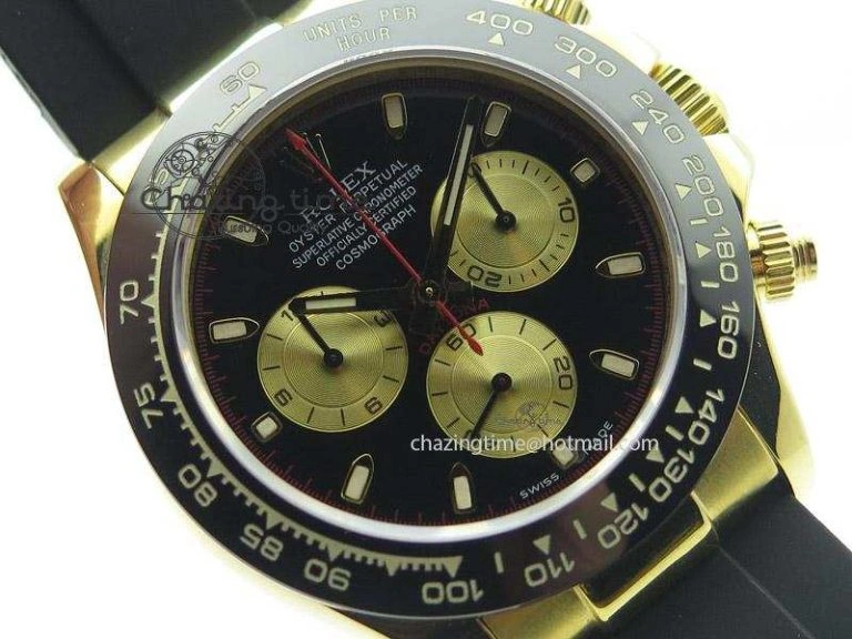 OnTrend Daytona YG BP Maker Black Dial Gold Subdial Sticks Markers On Rubber Strap A7750@ 4013
