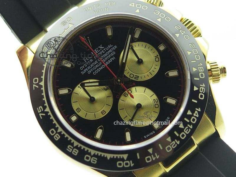 OnTrend Daytona YG BP Maker Black Dial Gold Subdial Sticks Markers On Rubber Strap A7750@ 4013