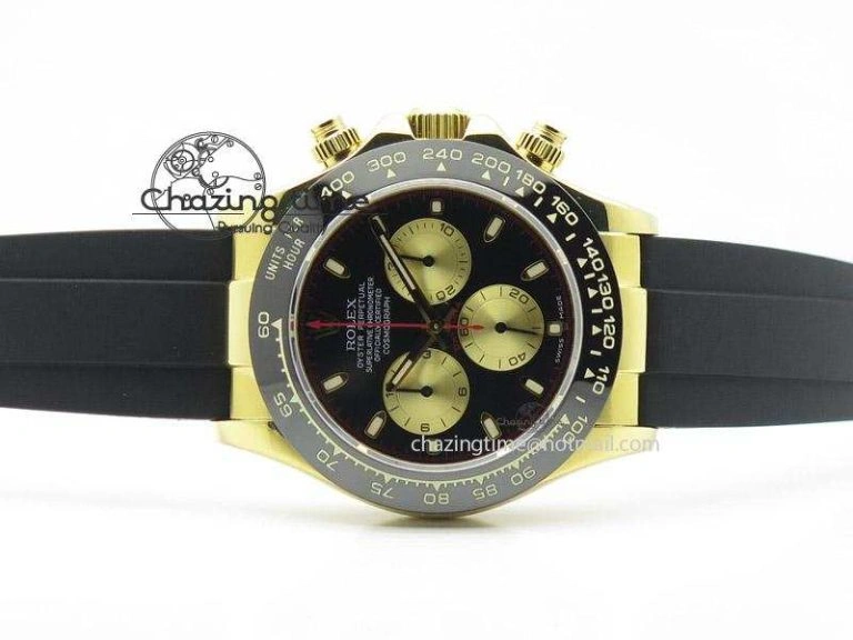 OnTrend Daytona YG BP Maker Black Dial Gold Subdial Sticks Markers On Rubber Strap A7750@ 4013