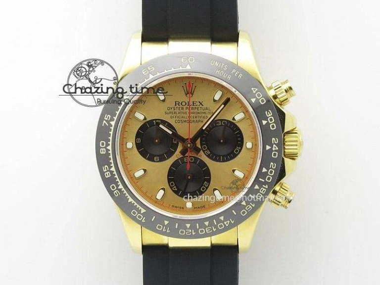 QuickDry Daytona YG BP Maker Gold Dial Black Subdail Sticks Markers On Rubber Strap A7750@ 4009