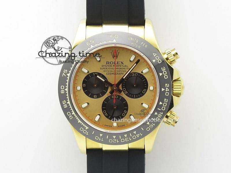QuickDry Daytona YG BP Maker Gold Dial Black Subdail Sticks Markers On Rubber Strap A7750@ 4009