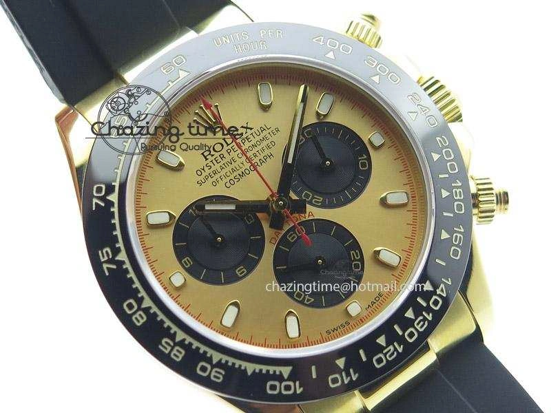 QuickDry Daytona YG BP Maker Gold Dial Black Subdail Sticks Markers On Rubber Strap A7750@ 4009