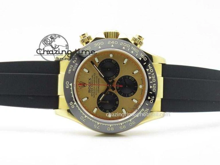 QuickDry Daytona YG BP Maker Gold Dial Black Subdail Sticks Markers On Rubber Strap A7750@ 4009