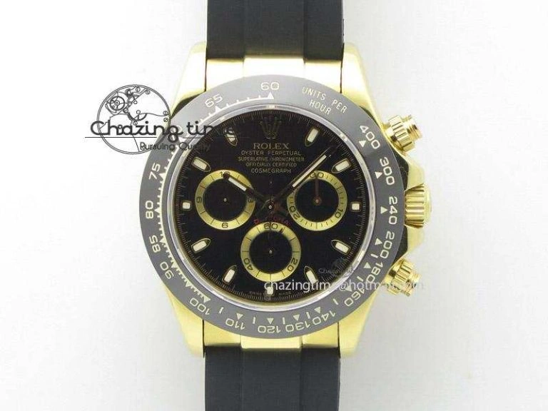 SmartChoice Daytona YG Bp Maker Black Dial Gold Ring Sticks Markers On Rubber Strap A7750@ 4015