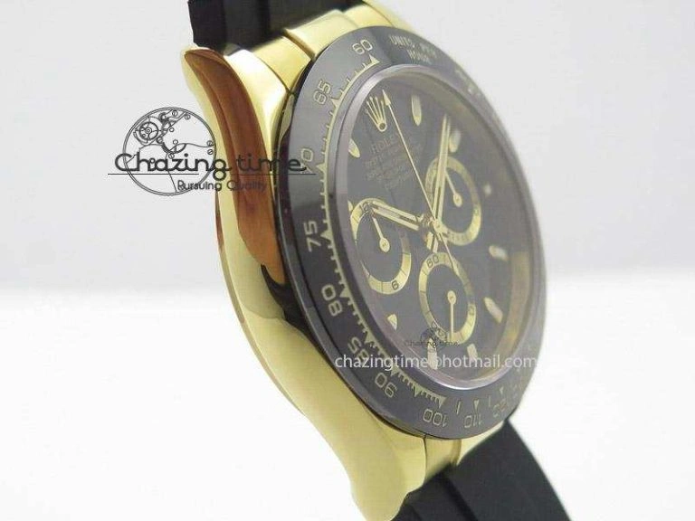 SmartChoice Daytona YG Bp Maker Black Dial Gold Ring Sticks Markers On Rubber Strap A7750@ 4015