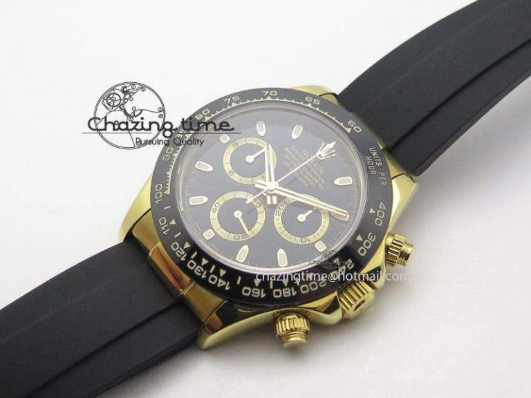 SmartChoice Daytona YG Bp Maker Black Dial Gold Ring Sticks Markers On Rubber Strap A7750@ 4015