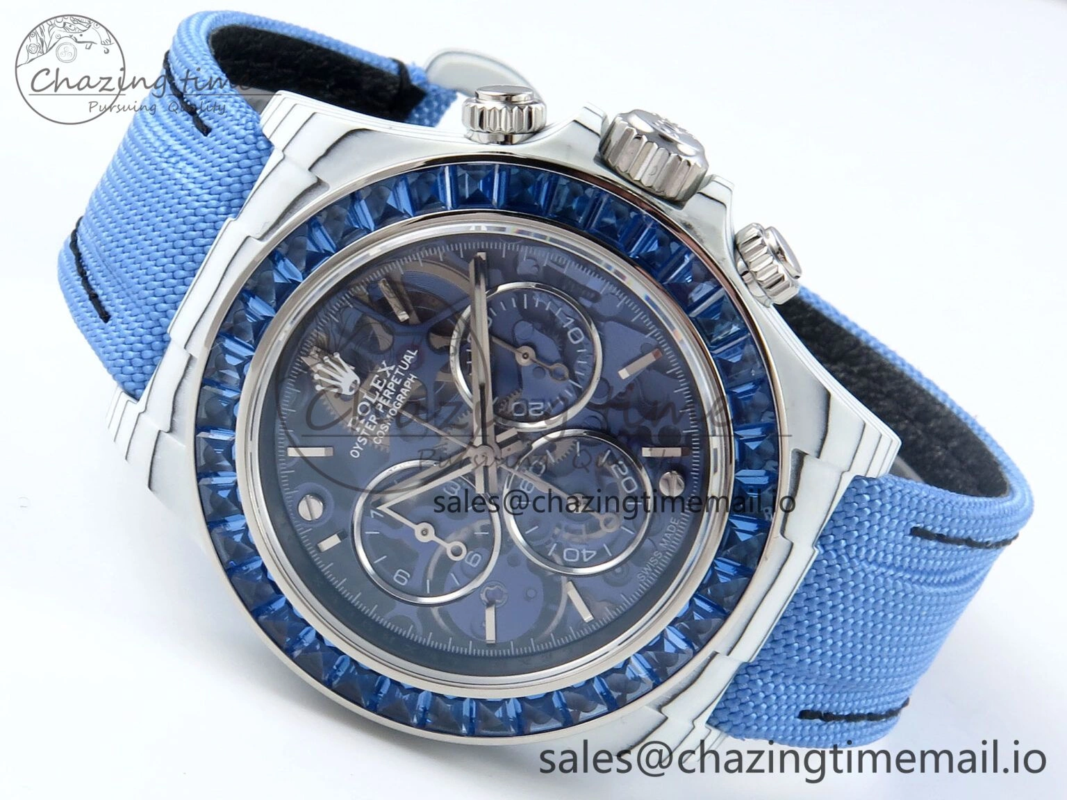Daytona ZIF REMOULD White Carbon GETF Best Edition Blue Skeleton Dial Blue Diamonds Bezel on Blue Nylon Strap DD ZeroBulk 366