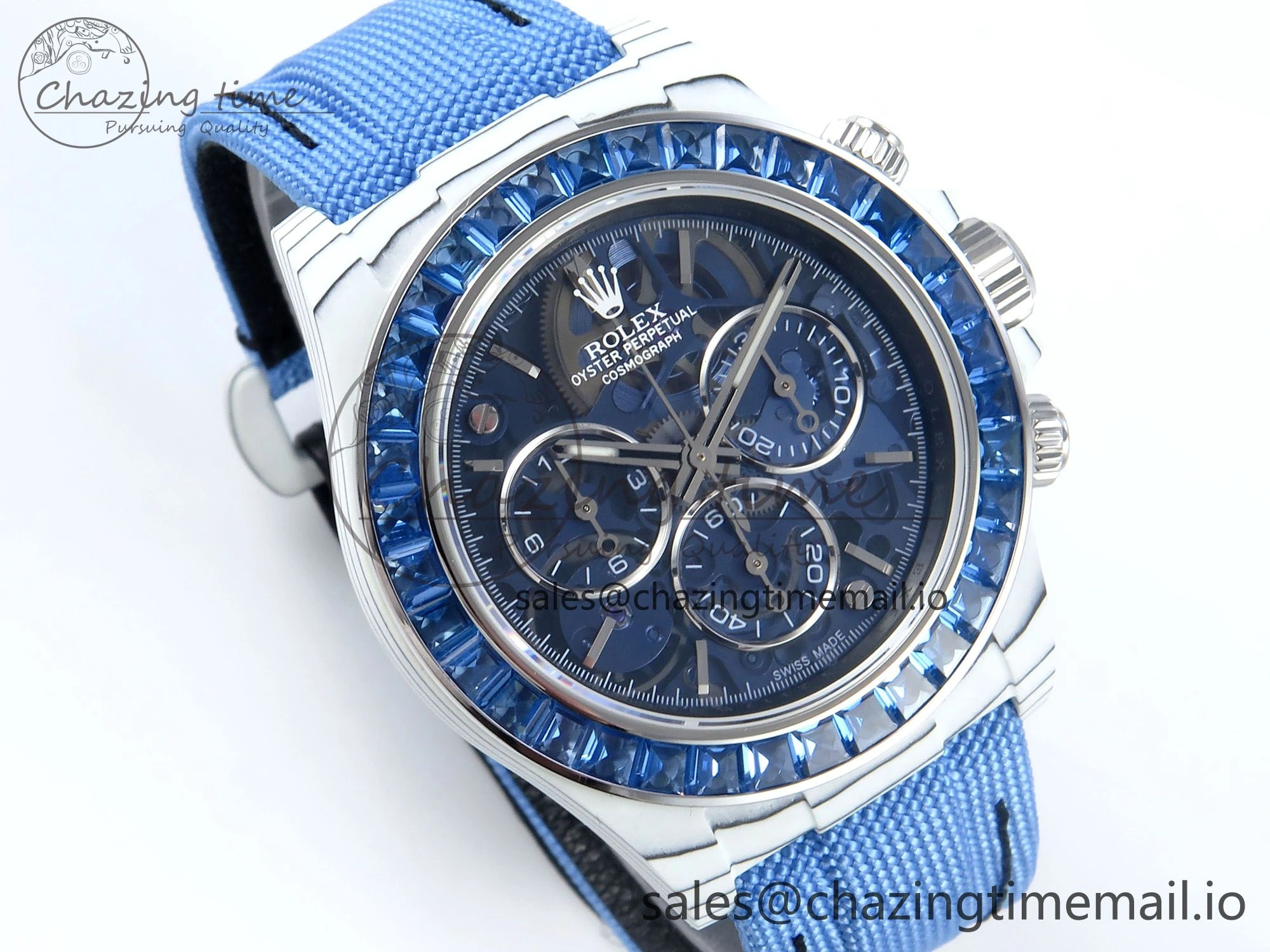 Daytona ZIF REMOULD White Carbon GETF Best Edition Blue Skeleton Dial Blue Diamonds Bezel on Blue Nylon Strap DD ZeroBulk 366