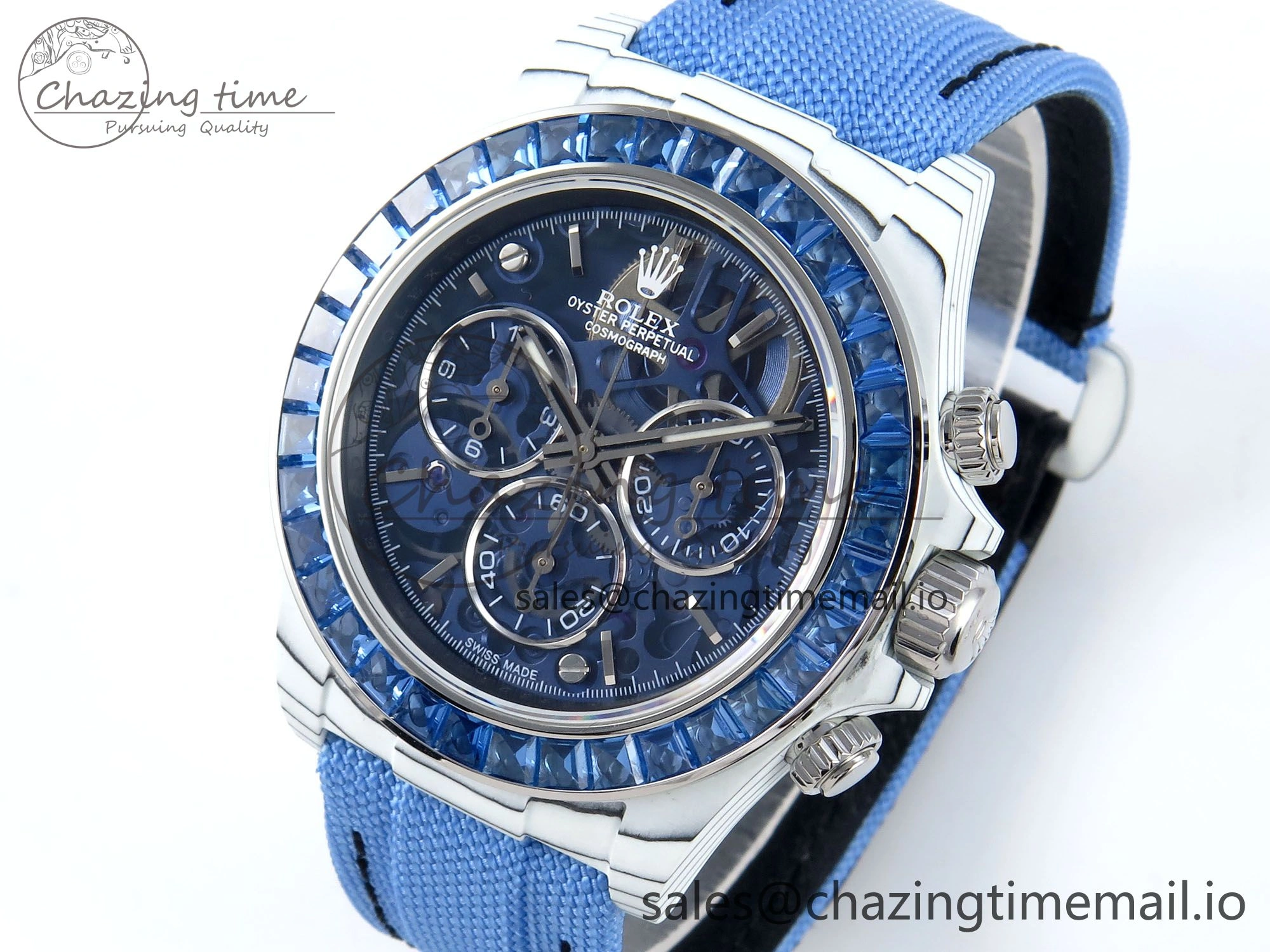 Daytona ZIF REMOULD White Carbon GETF Best Edition Blue Skeleton Dial Blue Diamonds Bezel on Blue Nylon Strap DD ZeroBulk 366