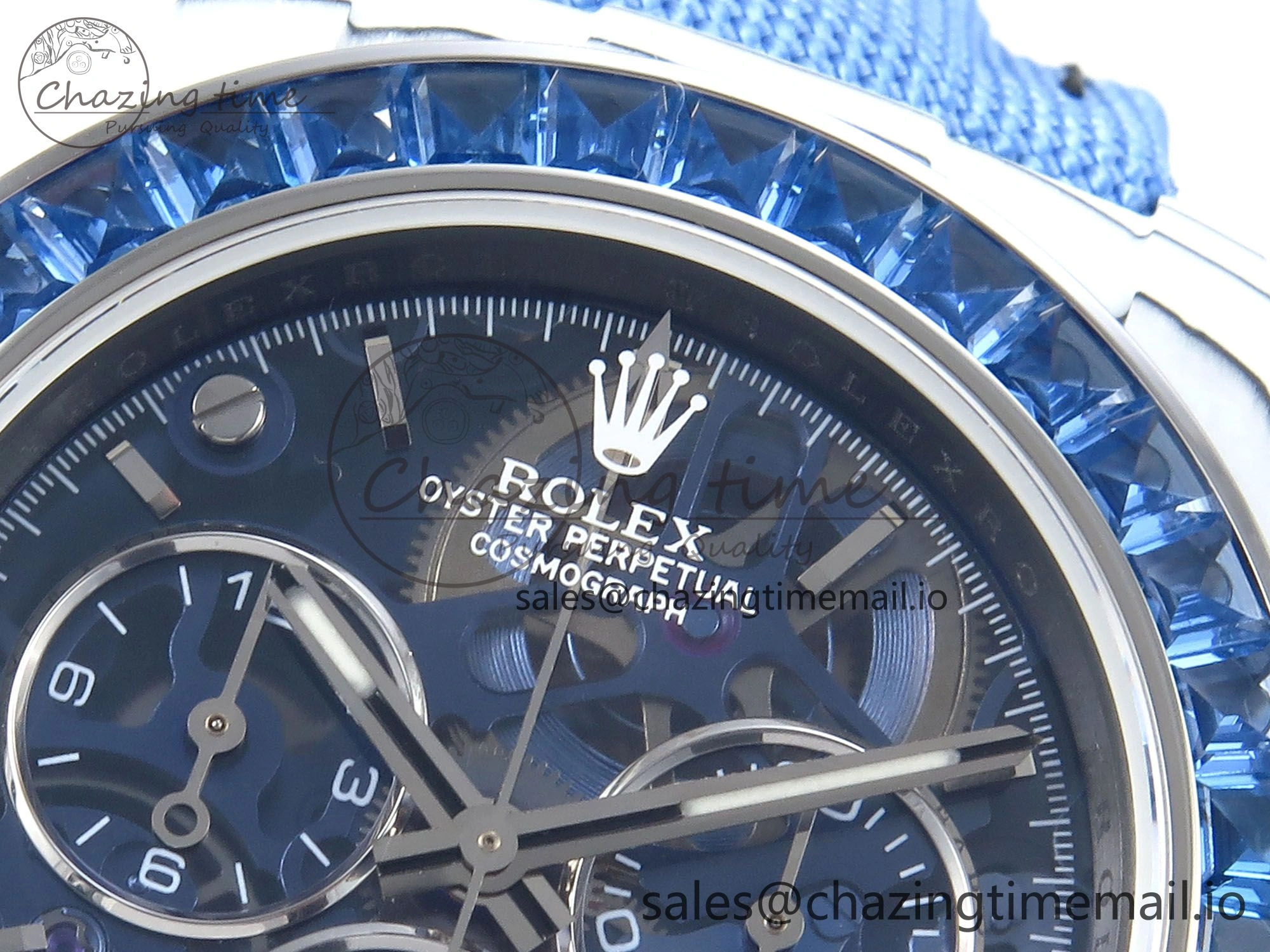 Daytona ZIF REMOULD White Carbon GETF Best Edition Blue Skeleton Dial Blue Diamonds Bezel on Blue Nylon Strap DD ZeroBulk 366