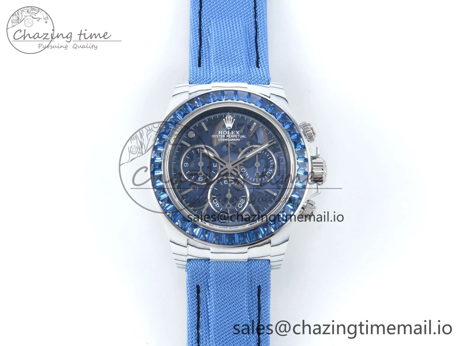 Daytona ZIF REMOULD White Carbon GETF Best Edition Blue Skeleton Dial Blue Diamonds Bezel on Blue Nylon Strap DD ZeroBulk 366