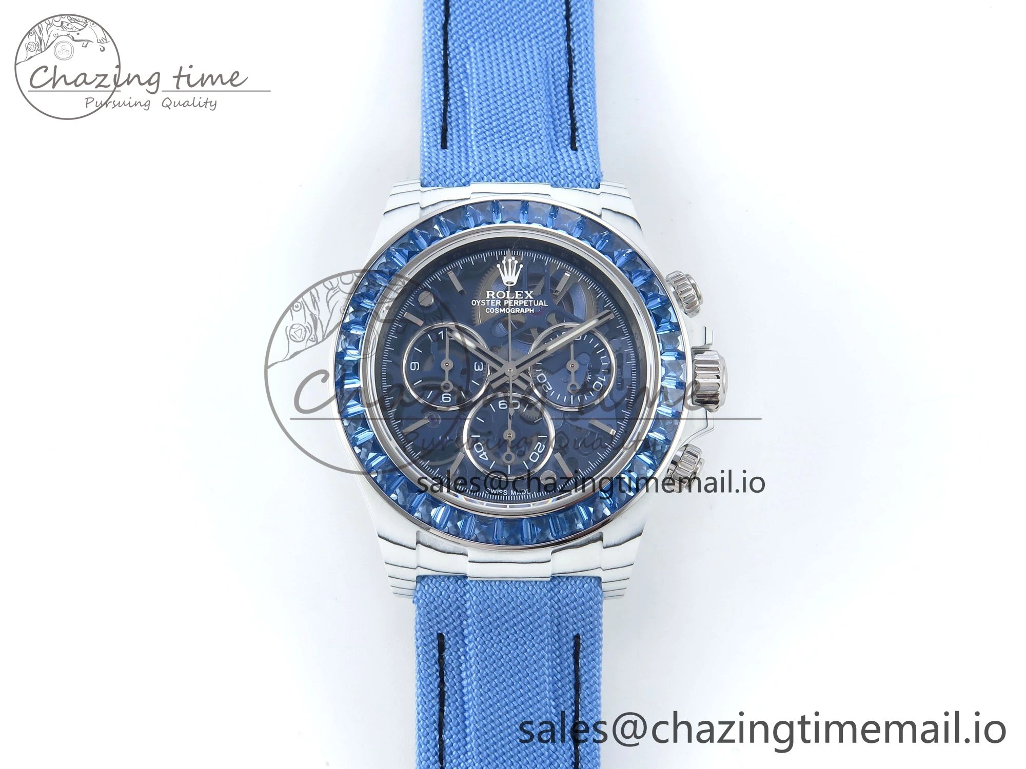 Daytona ZIF REMOULD White Carbon GETF Best Edition Blue Skeleton Dial Blue Diamonds Bezel on Blue Nylon Strap DD ZeroBulk 366
