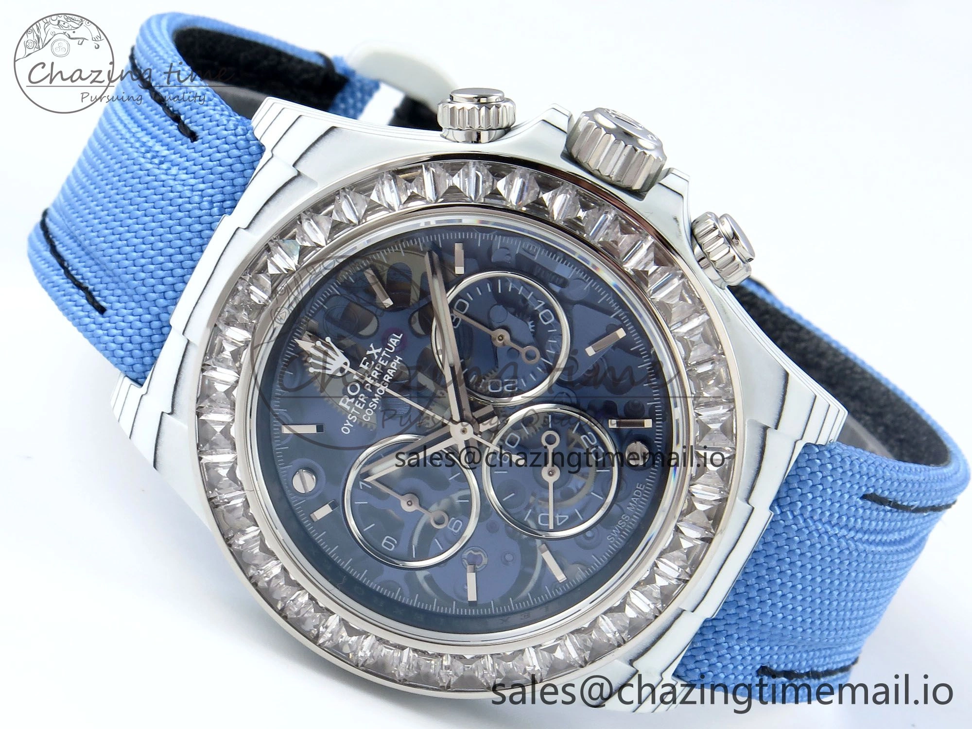Daytona ZIF REMOULD White Carbon GETF Best Edition Blue Skeleton Dial Diamonds Bezel on Blue Nylon Strap DD Snug 365