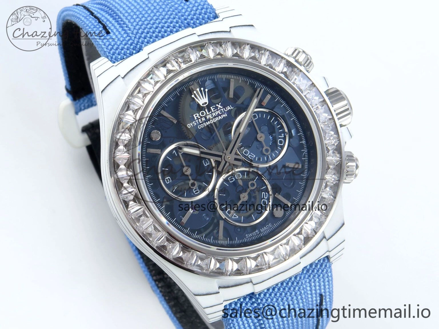 Daytona ZIF REMOULD White Carbon GETF Best Edition Blue Skeleton Dial Diamonds Bezel on Blue Nylon Strap DD Snug 365