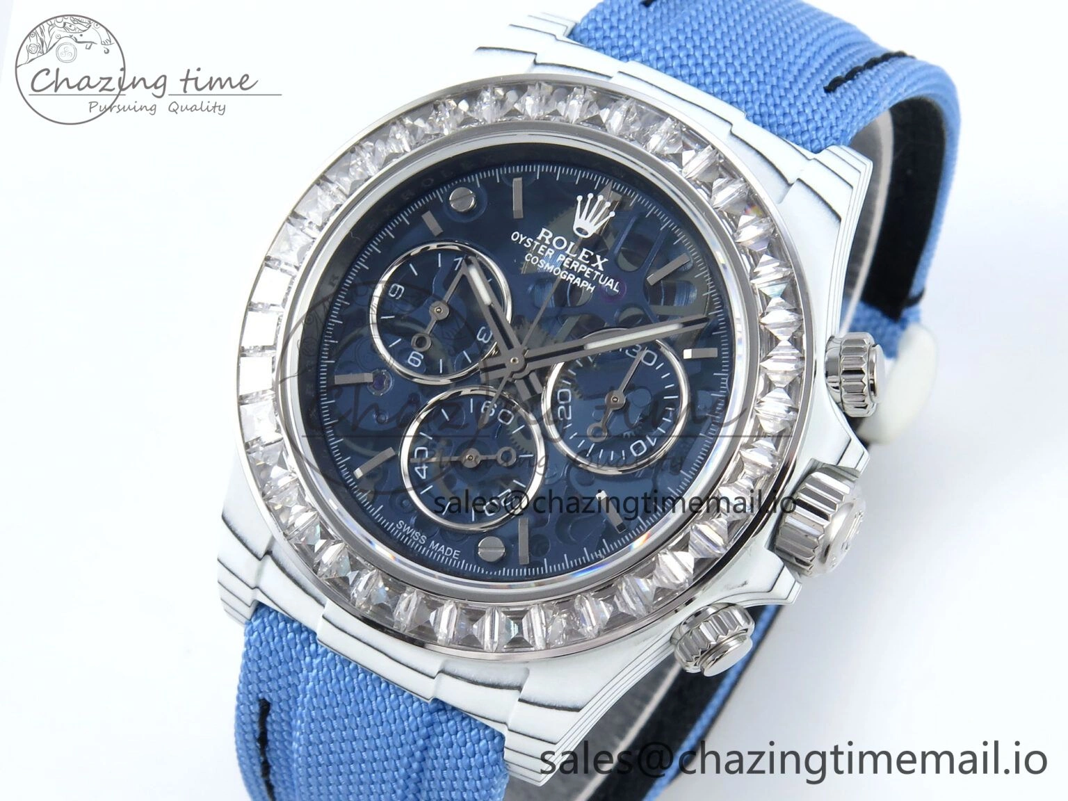 Daytona ZIF REMOULD White Carbon GETF Best Edition Blue Skeleton Dial Diamonds Bezel on Blue Nylon Strap DD Snug 365