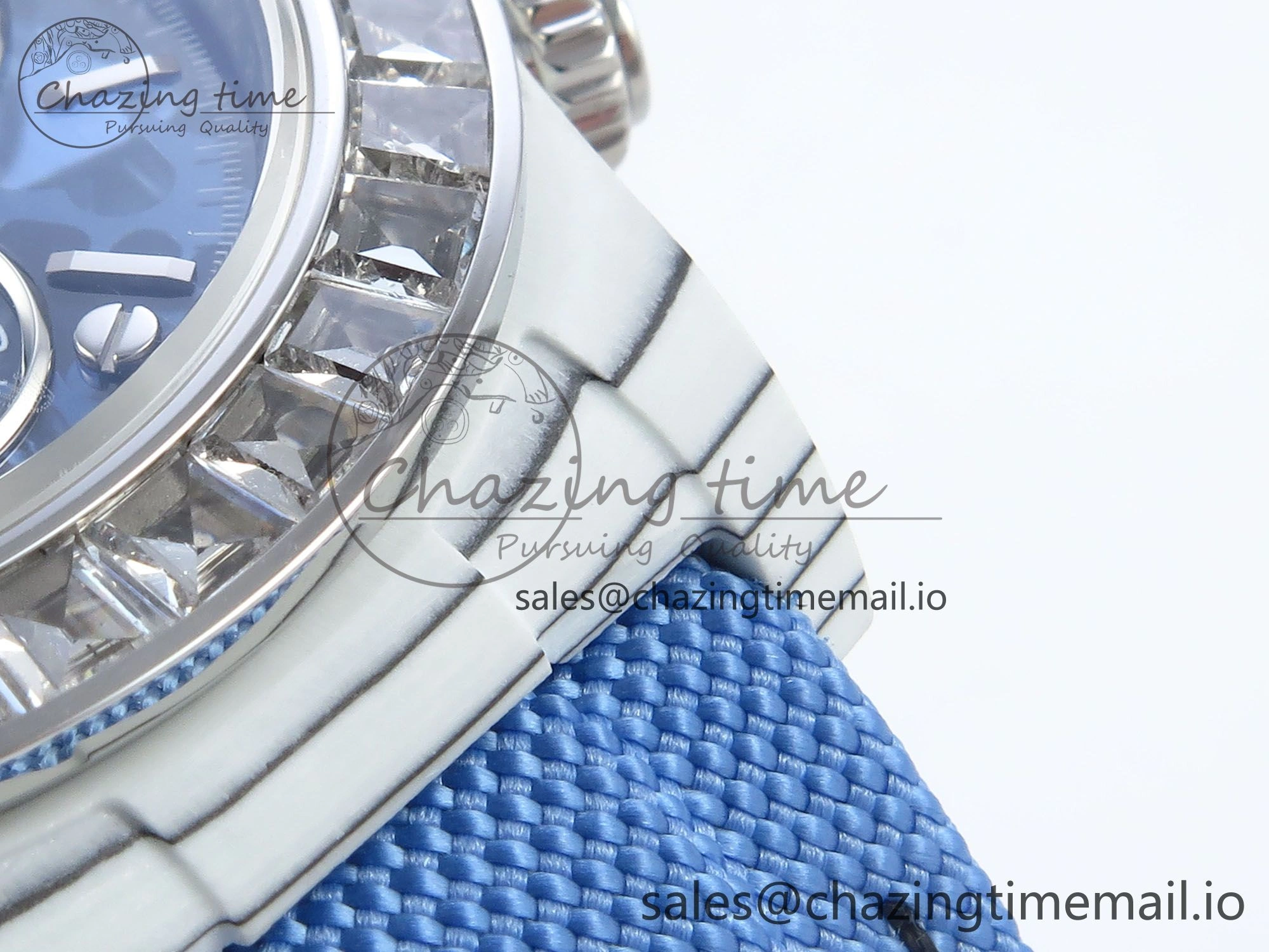 Daytona ZIF REMOULD White Carbon GETF Best Edition Blue Skeleton Dial Diamonds Bezel on Blue Nylon Strap DD Snug 365