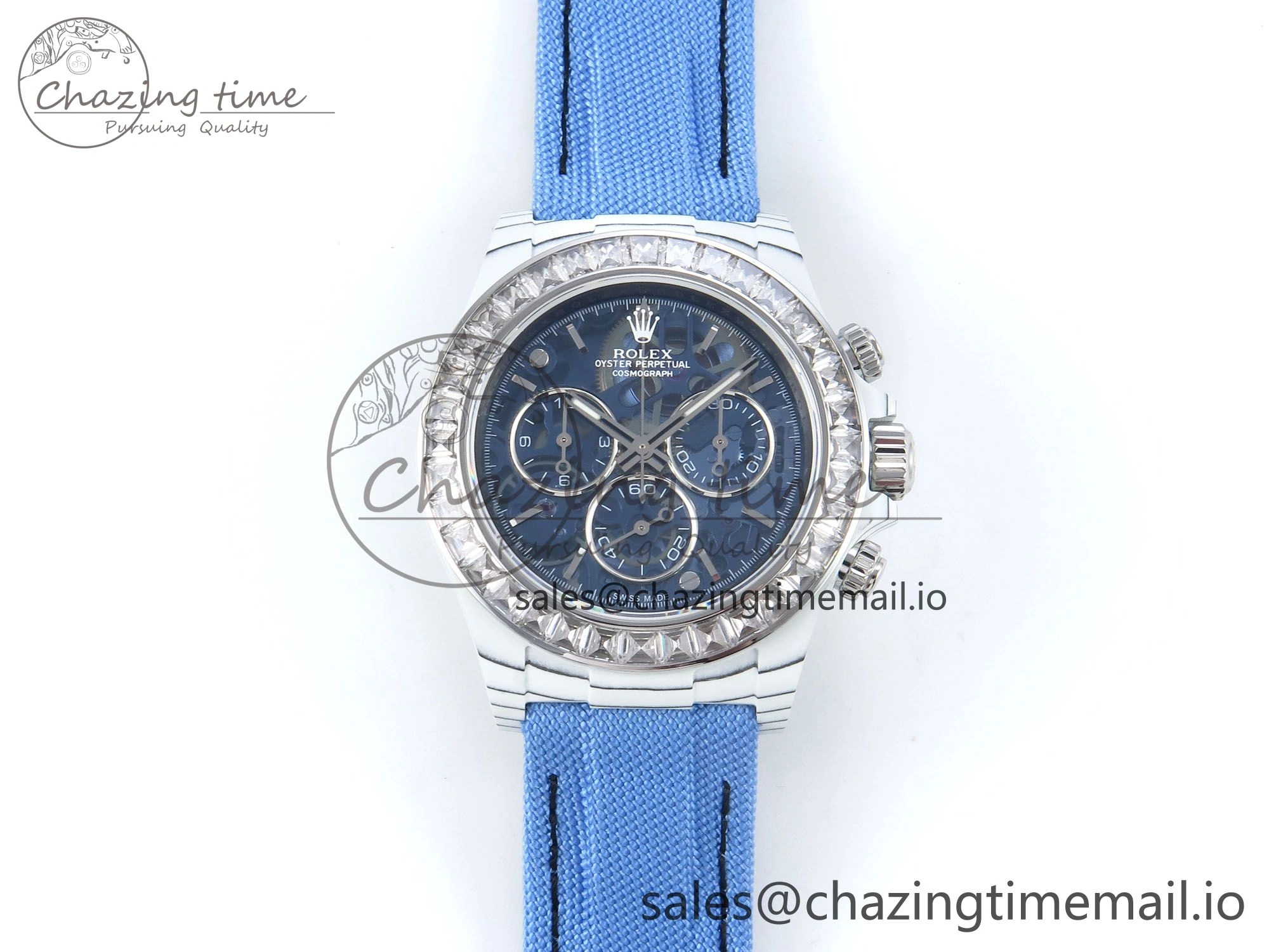 Daytona ZIF REMOULD White Carbon GETF Best Edition Blue Skeleton Dial Diamonds Bezel on Blue Nylon Strap DD Snug 365