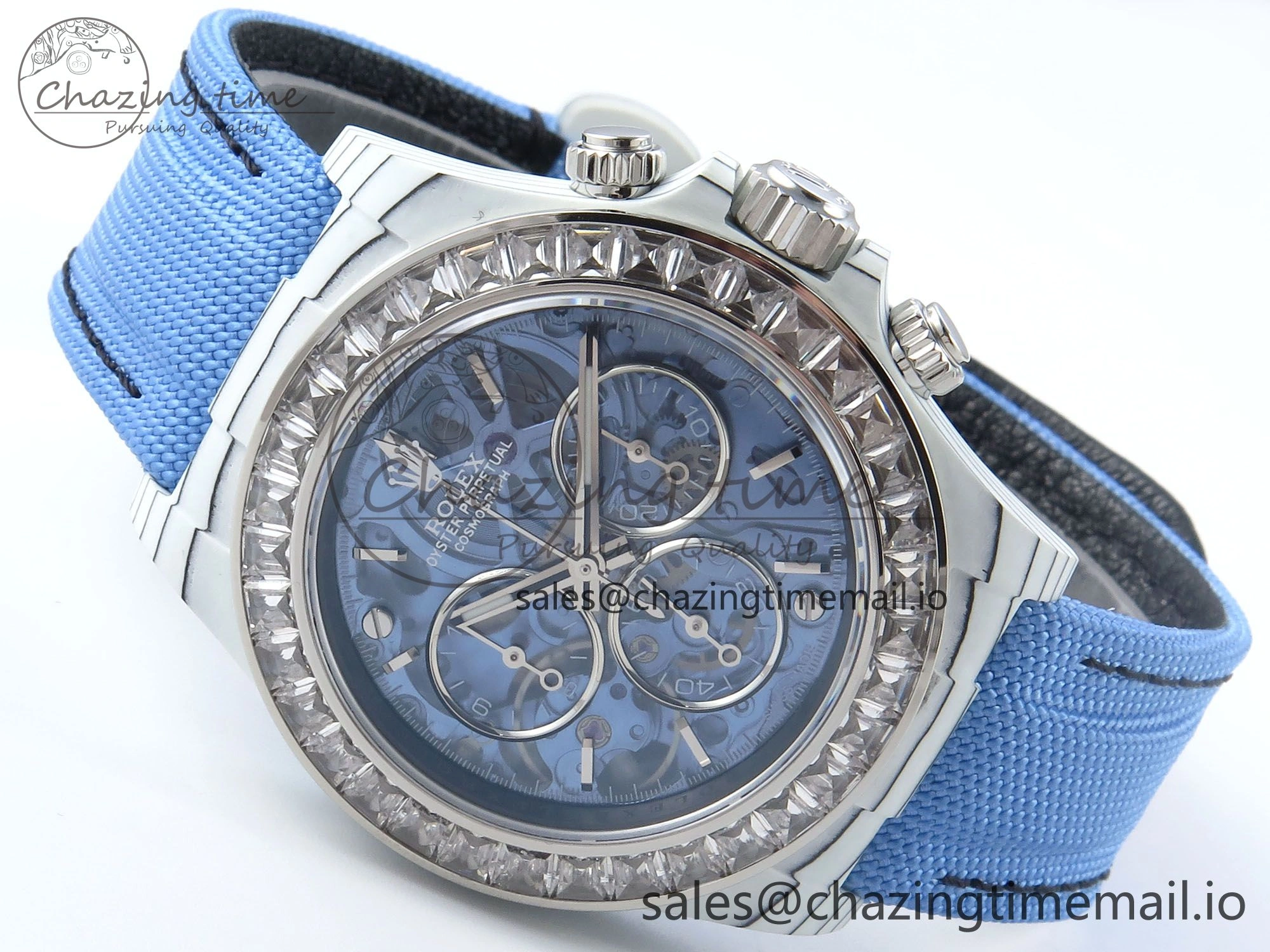Daytona ZIF REMOULD White Carbon SONIC Best Edition Blue Skeleton Dial Diamonds Bezel on Blue Nylon Strap SA FreshLook 364