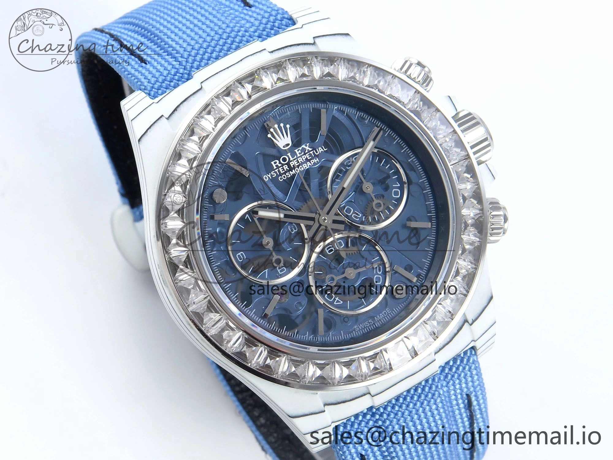 Daytona ZIF REMOULD White Carbon SONIC Best Edition Blue Skeleton Dial Diamonds Bezel on Blue Nylon Strap SA FreshLook 364