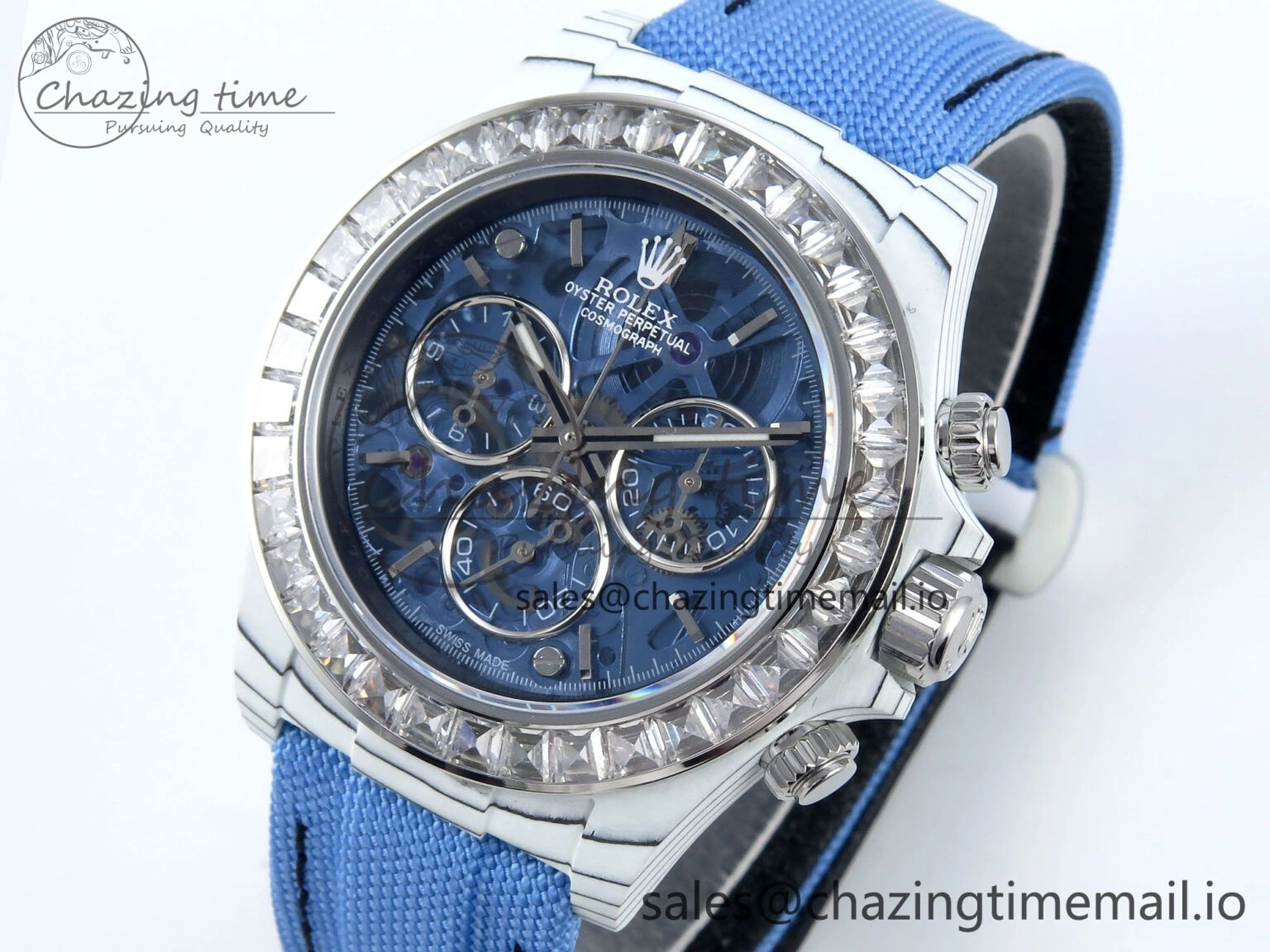 Daytona ZIF REMOULD White Carbon SONIC Best Edition Blue Skeleton Dial Diamonds Bezel on Blue Nylon Strap SA FreshLook 364