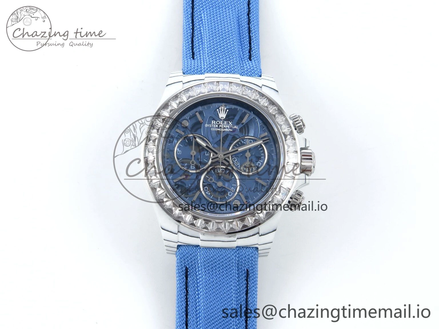 Daytona ZIF REMOULD White Carbon SONIC Best Edition Blue Skeleton Dial Diamonds Bezel on Blue Nylon Strap SA FreshLook 364