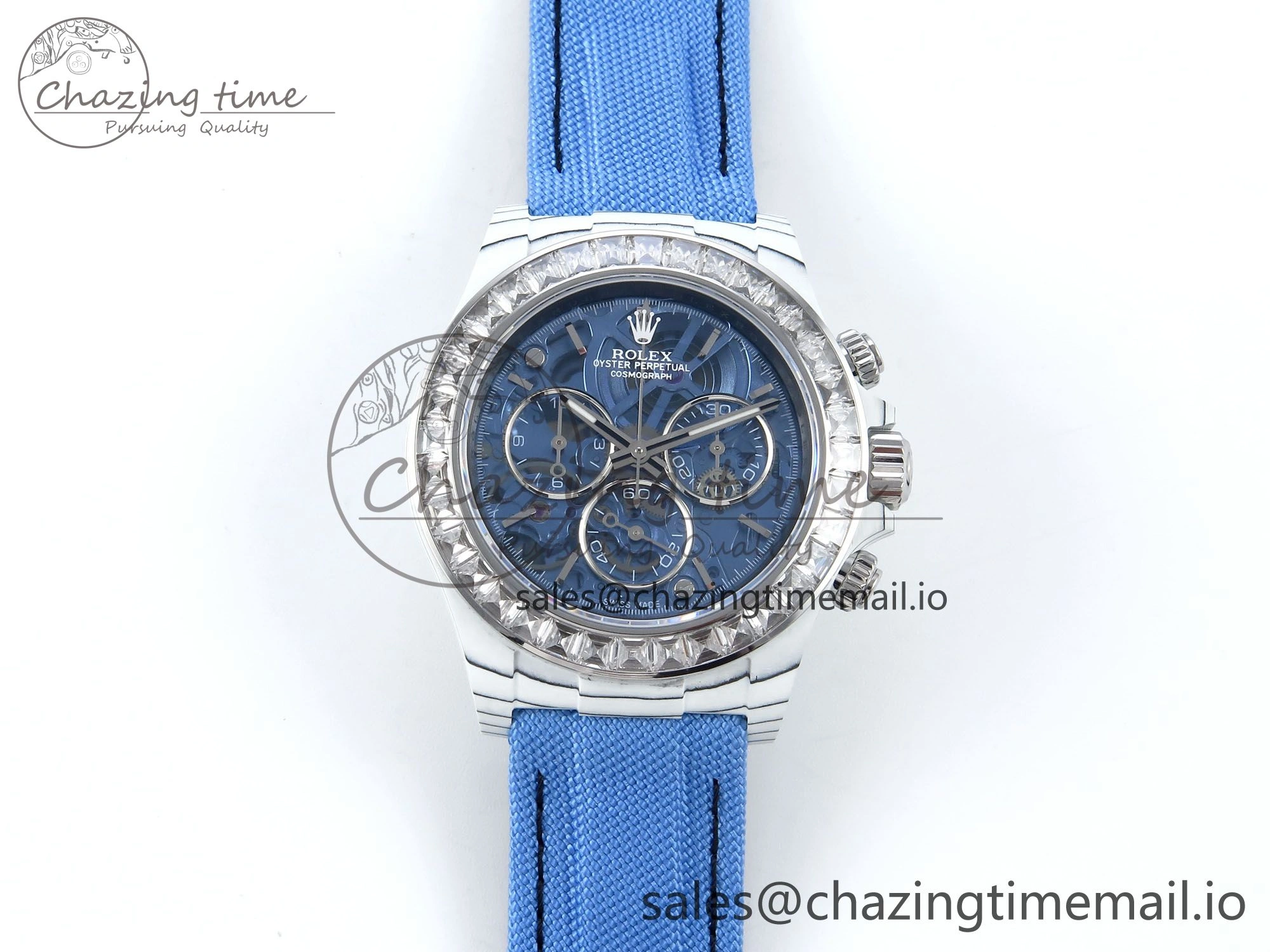 Daytona ZIF REMOULD White Carbon SONIC Best Edition Blue Skeleton Dial Diamonds Bezel on Blue Nylon Strap SA FreshLook 364