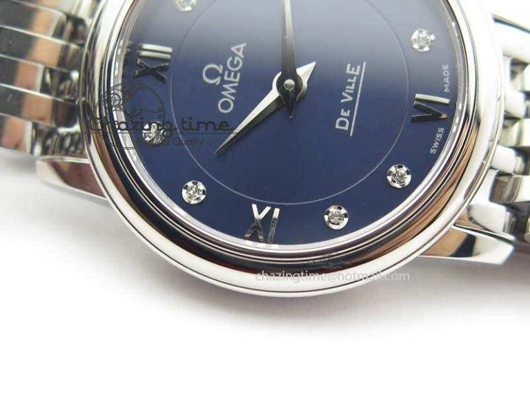 Trendsetting De Ville 27mm Ladies MK 1:1 Best Edition Blue Dial Diamond Markers On SS Bracelet Ronda Quartz 8189