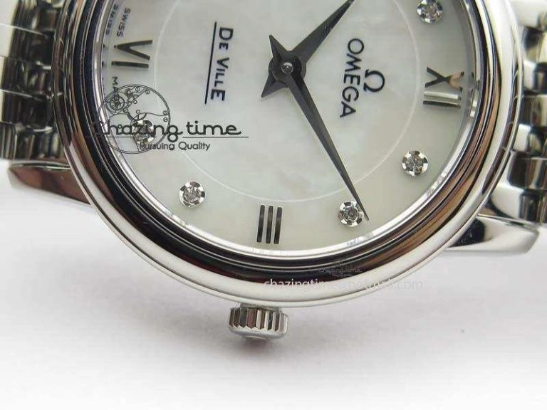 De Ville 27mm Ladies MK 1:1 Best Edition White MOP Diamond Markers On SS Bracelet Ronda Quartz Packable 8190