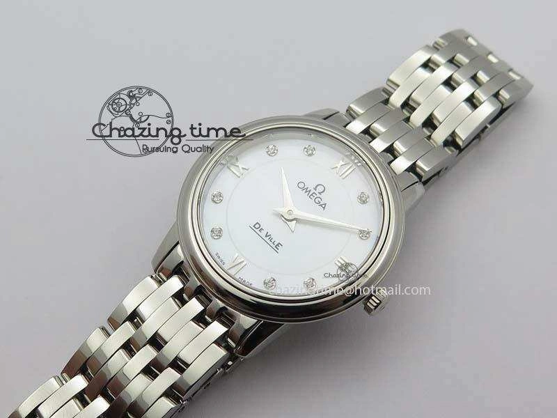 De Ville 27mm Ladies MK 1:1 Best Edition White MOP Diamond Markers On SS Bracelet Ronda Quartz Packable 8190