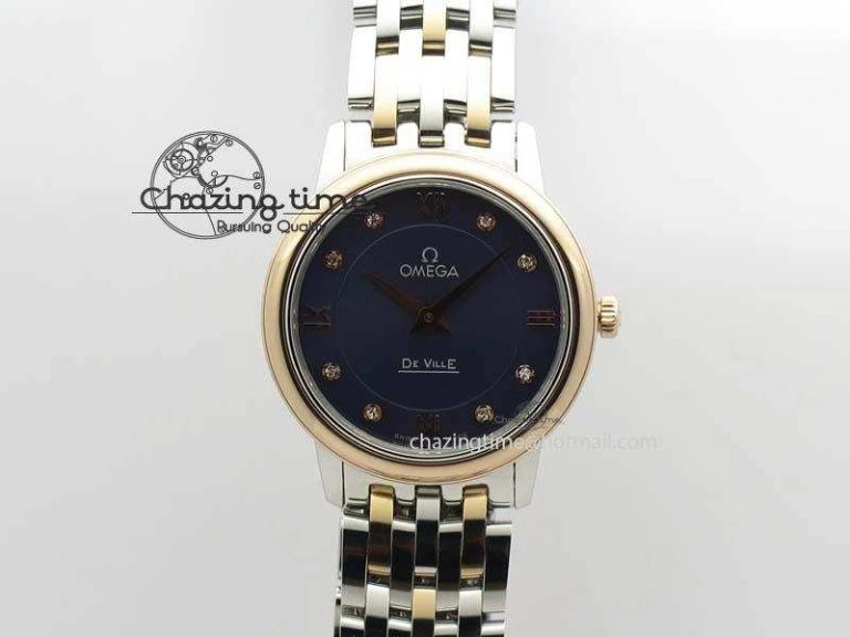 De Ville 27mm SS RG Ladies MK 1:1 Best Edition Blue Dial Diamond Markers On SS Bracelet Ronda Quartz ComfortFit 8188